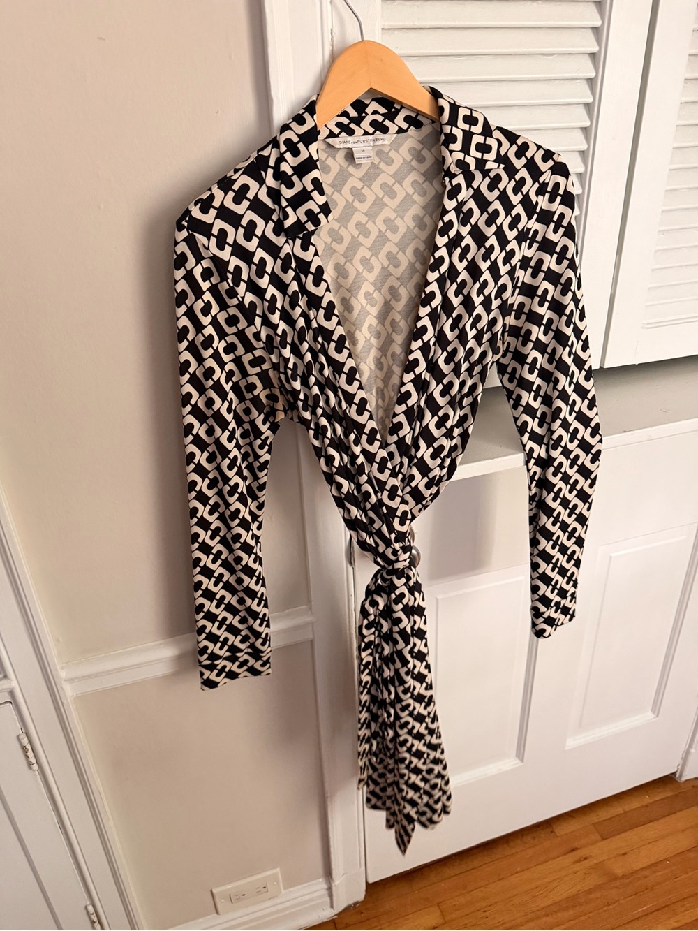 DVF Black and Cream Geometric Wrap Dress